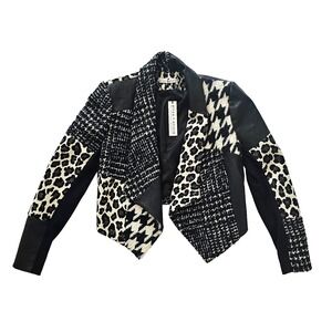 Alice + Olivia Small Harvey Cropped Tweed Leather Leopard Jacket Patchwork‎ NWT